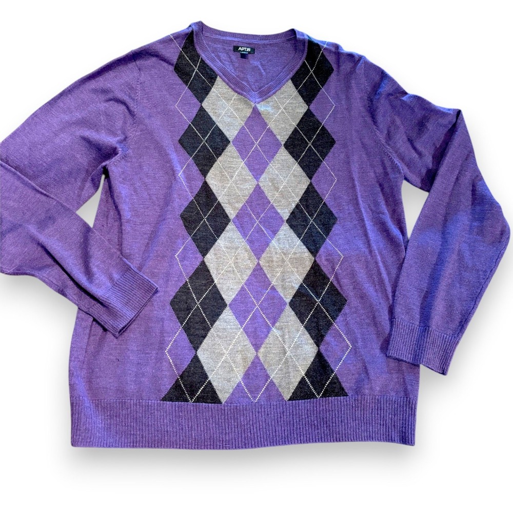 Apt. 9 Mens Purple Argyle V-Neck Sweater Merino Wool Blend Large L Long Sleeve - Picture 1 of 6